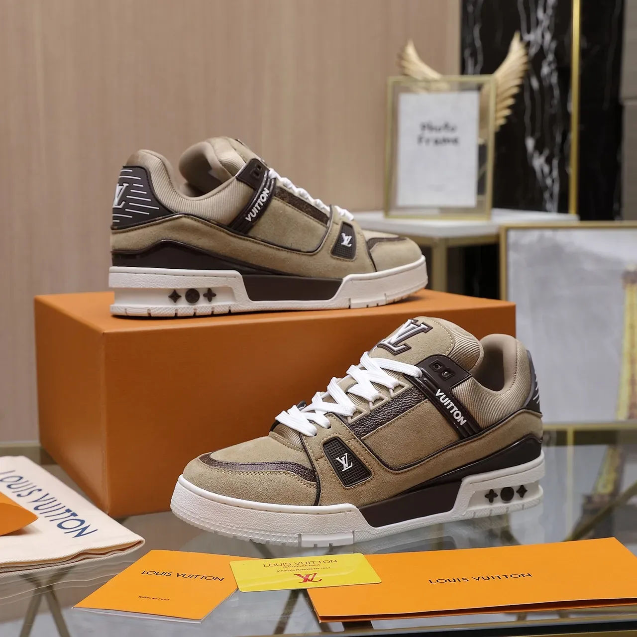 Louis Vuitton LV Trainer Beige Brown Layered Suede And Leather Monogrammed Side Panel Lifestyle Sneakers 4