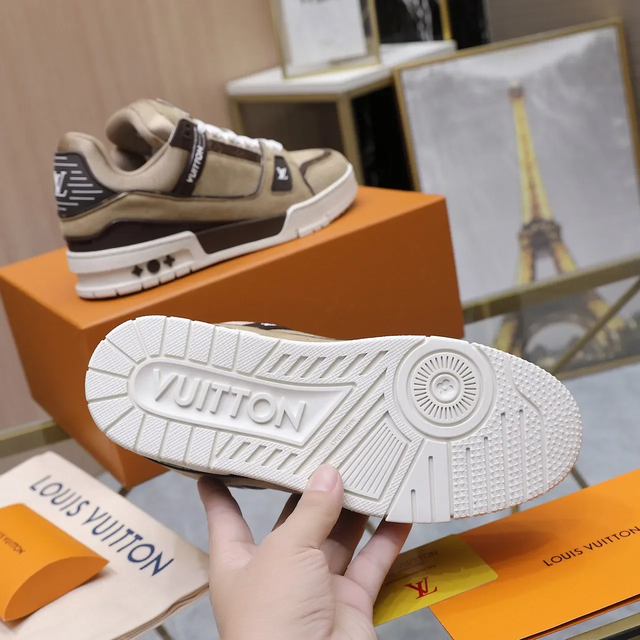 Louis Vuitton LV Trainer Beige Brown Layered Suede And Leather Monogrammed Side Panel Lifestyle Sneakers 5