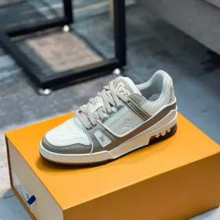 Louis Vuitton LV Trainer Beige Gray Layered Leather And Synthetic Upper Embossed Monogram Panels Lifestyle Sneakers