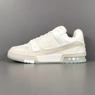 Louis Vuitton LV Trainer Beige White Layered Textile Upper Monogrammed Strap Detail Lifestyle Sneakers