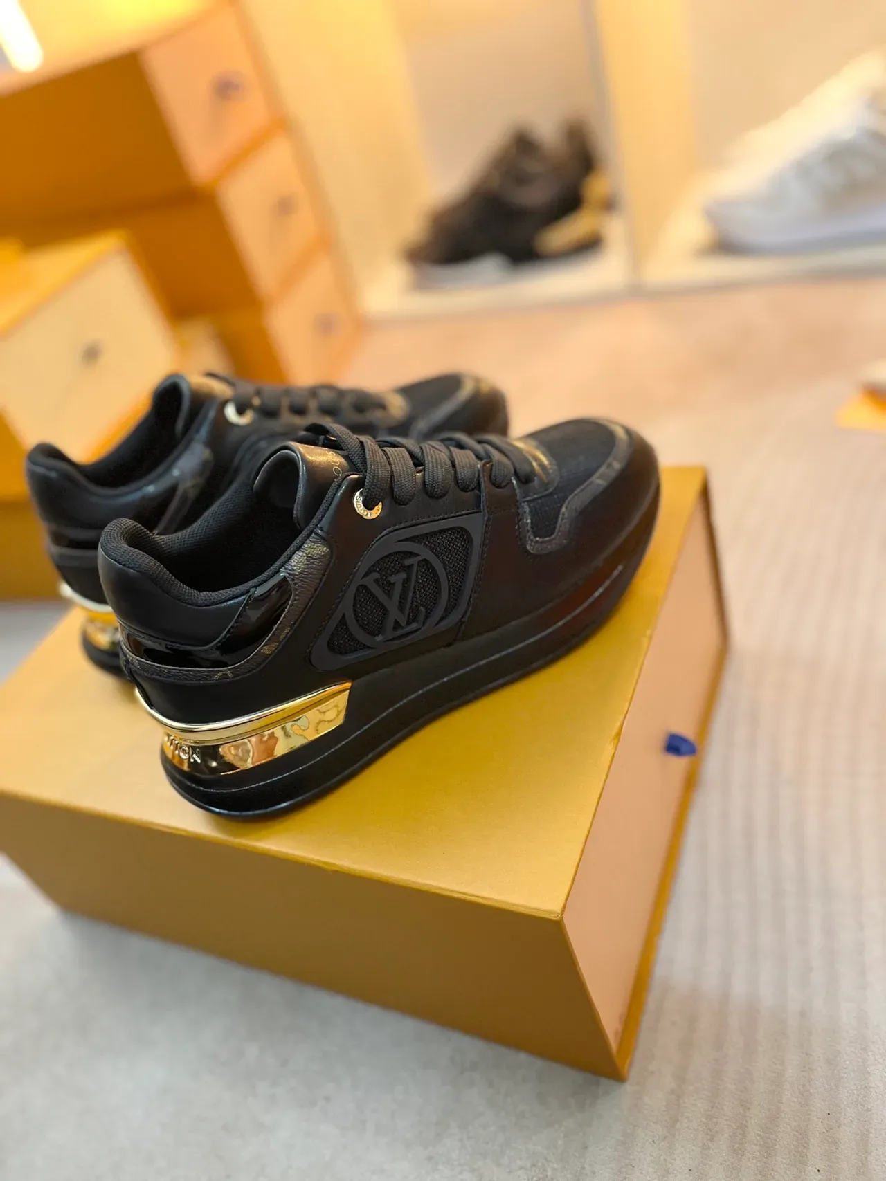Louis Vuitton LV Trainer Black Gold Monogrammed Side Panel Heel Lifestyle Sneakers 5