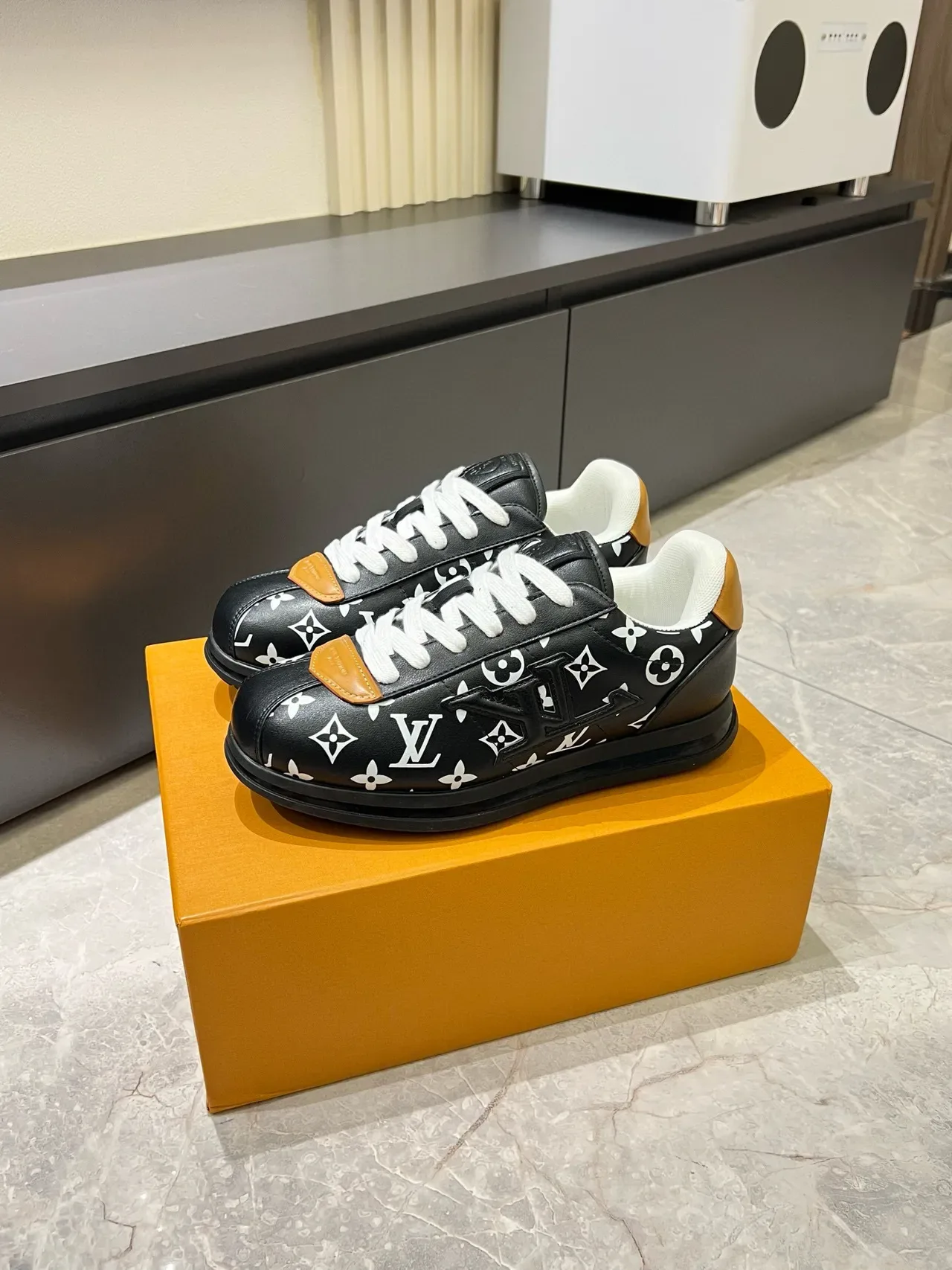 Louis Vuitton LV Trainer Black Orange Monogram-Print Leather Platform Sole Lifestyle Sneakers 4