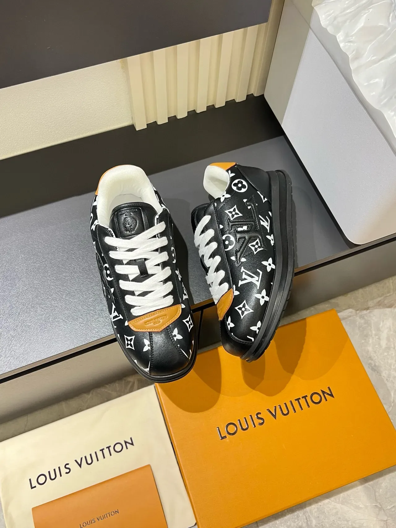 Louis Vuitton LV Trainer Black Orange Monogram-Print Leather Platform Sole Lifestyle Sneakers 6