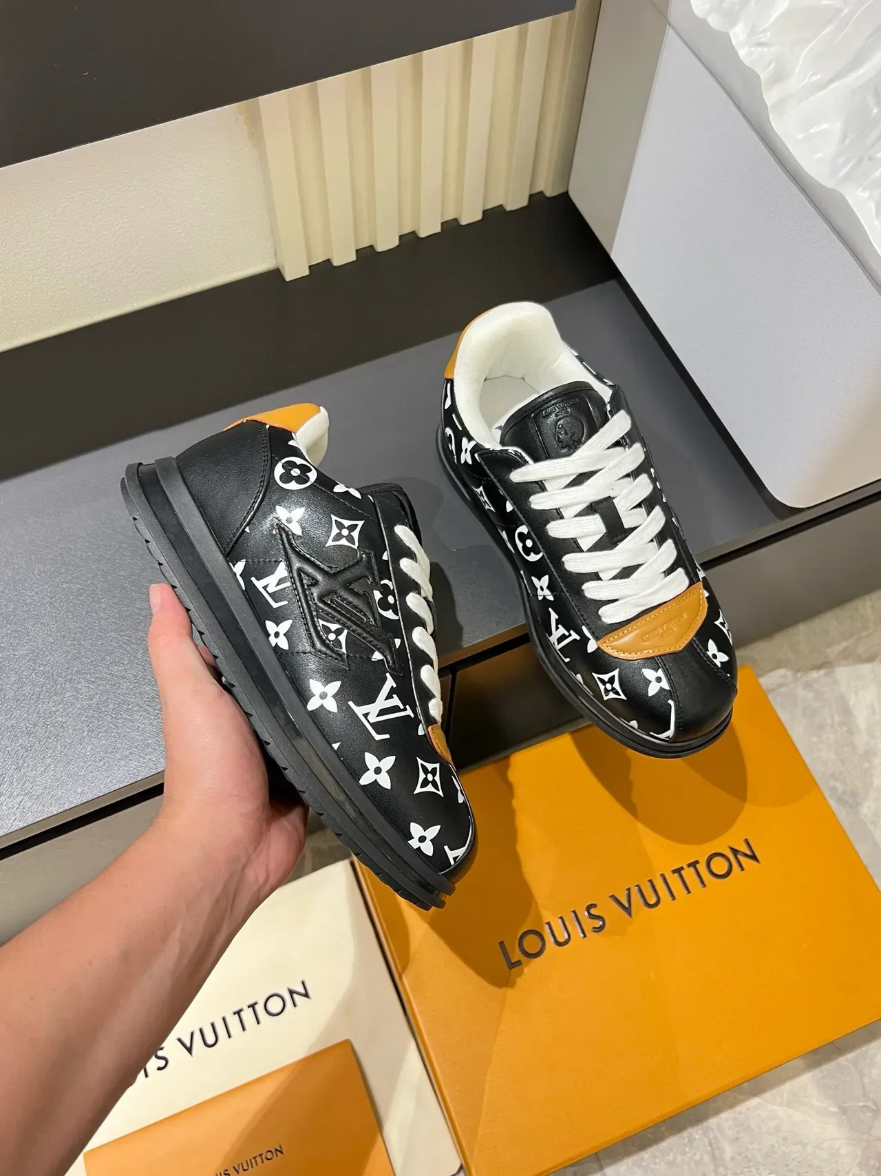 Louis Vuitton LV Trainer Black Orange Monogram-Print Leather Platform Sole Lifestyle Sneakers 7