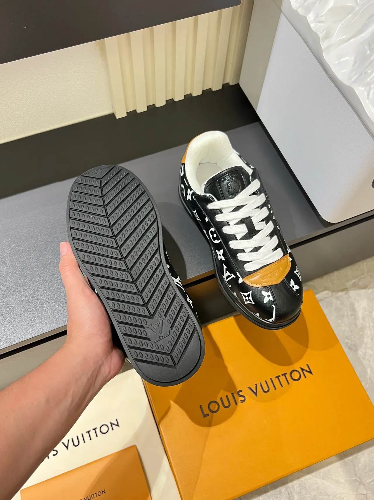 Louis Vuitton LV Trainer Black Orange Monogram-Print Leather Platform Sole Lifestyle Sneakers 8