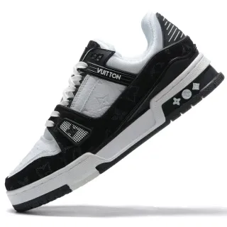Louis Vuitton LV Trainer Preto Branco Monograma Recoberto de Tecido Construção de Gaiola em Camadas Sneakers Lifestyle