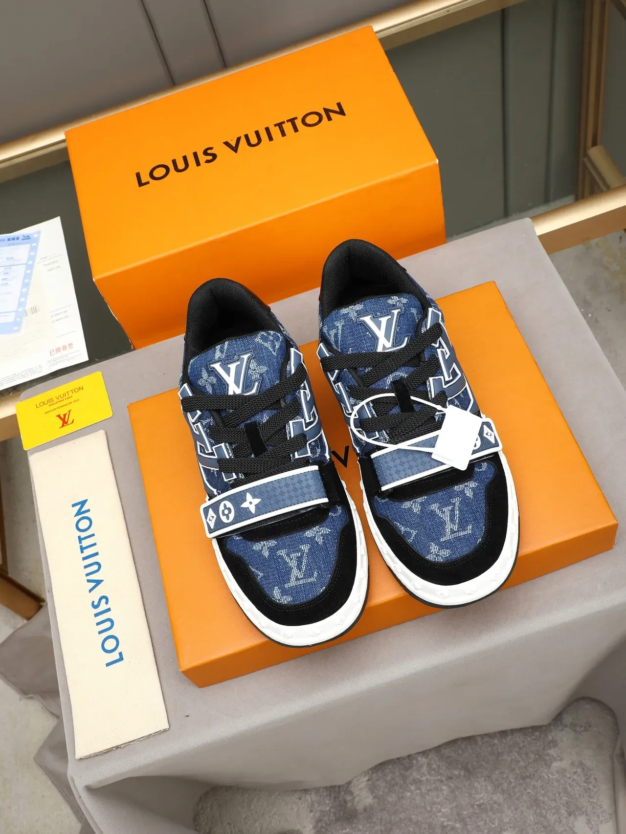 Louis Vuitton LV Trainer Blue Black Denim Monogram Upper Oversized Molded Logo Lifestyle Sneakers 2