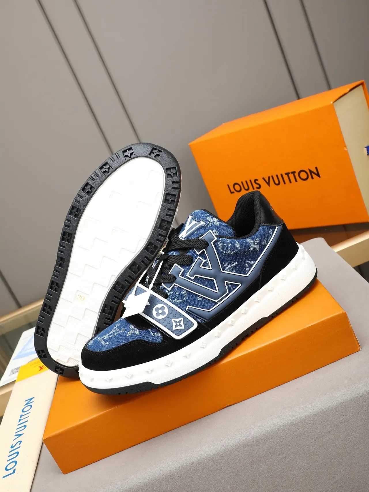 Louis Vuitton LV Trainer Blue Black Denim Monogram Upper Oversized Molded Logo Lifestyle Sneakers 4