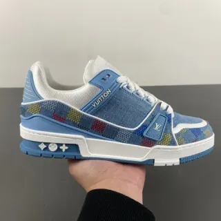 Louis Vuitton LV Trainer Zapatillas Lifestyle Azul Multicolor Denim Superior Patrón de Cuadros