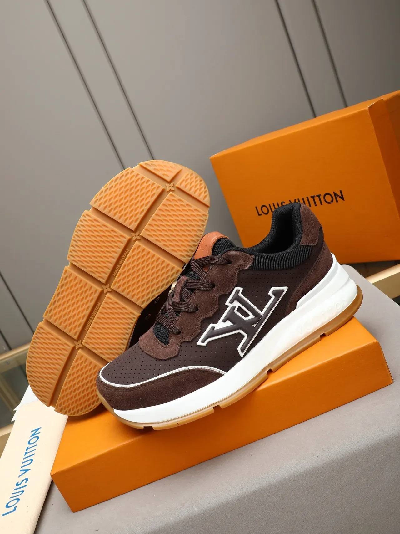 Louis Vuitton LV Trainer Brown White Perforated Suede Upper Oversized Monogram Lifestyle Sneakers 4
