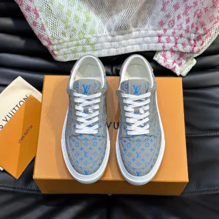 Louis Vuitton LV Trainer Gris Azul Cuero con impresión de monograma Low-Top Lifestyle Sneakers