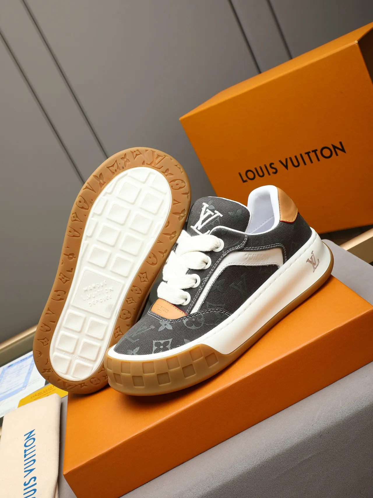 Louis Vuitton LV Trainer Gray Monogram White Midsole Gum Outsole Lifestyle Sneaker 4