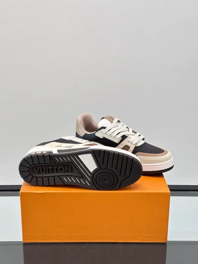 Louis Vuitton LV Trainer Navy Beige Layered Mixed-Material Upper Asymmetrical Strap Detail Lifestyle Sneakers 2