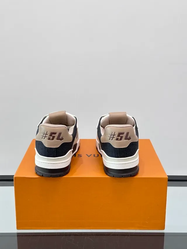 Louis Vuitton LV Trainer Navy Beige Layered Mixed-Material Upper Asymmetrical Strap Detail Lifestyle Sneakers 3