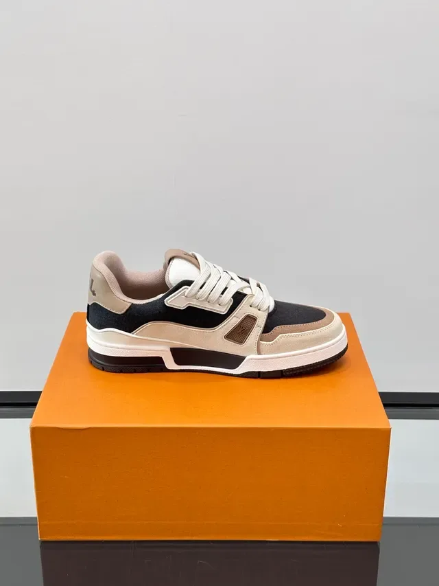 Louis Vuitton LV Trainer Navy Beige Layered Mixed-Material Upper Asymmetrical Strap Detail Lifestyle Sneakers 4