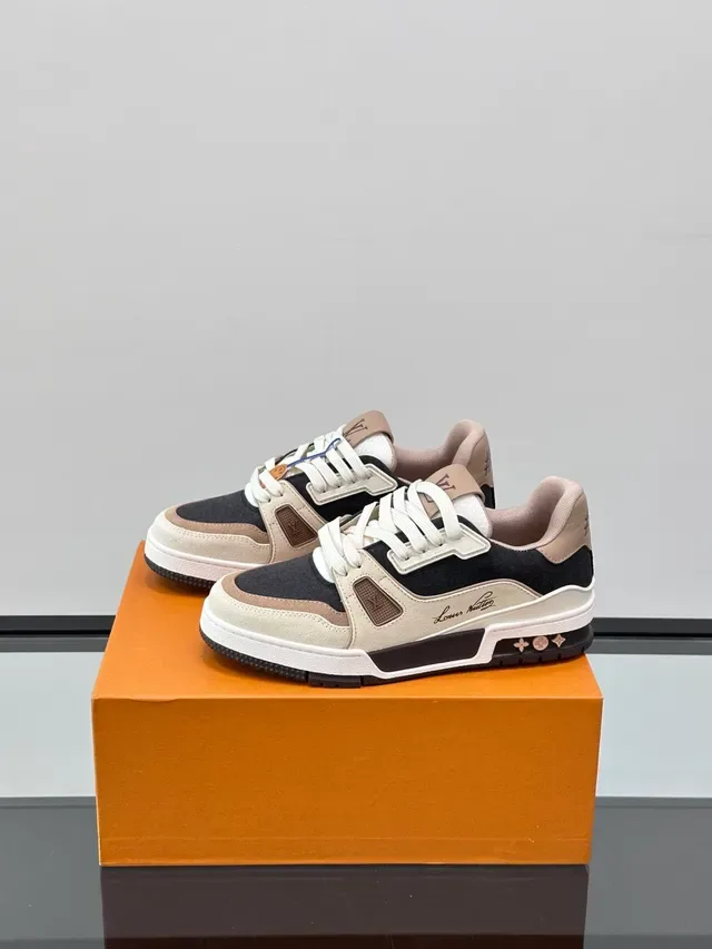 Louis Vuitton LV Trainer Navy Beige Layered Mixed-Material Upper Asymmetrical Strap Detail Lifestyle Sneakers 5
