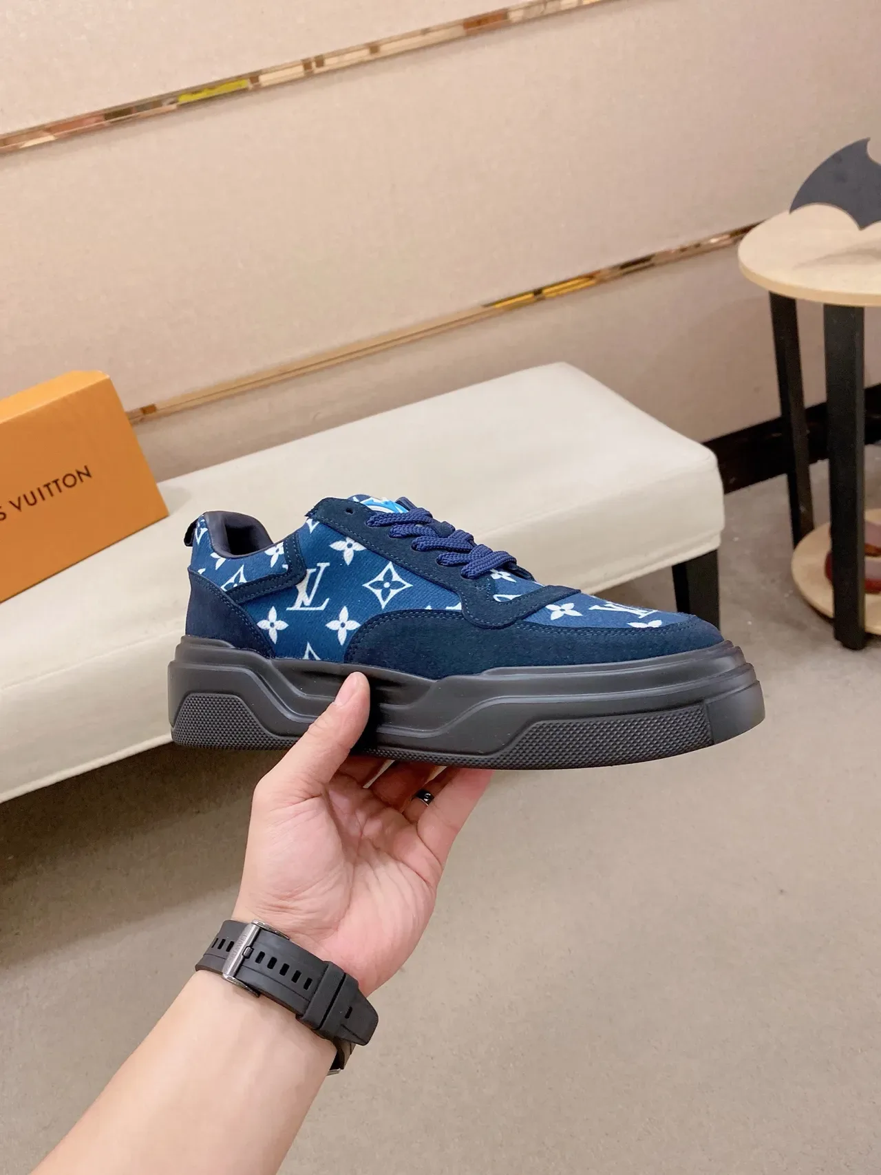 Louis Vuitton LV Trainer Navy Black Monogram-Print Canvas/suede Upper Lifestyle Sneakers 4