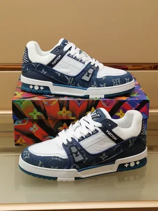 Louis Vuitton LV Trainer Navy White Denim-Textured Monogram Panels Leather Overlays Lifestyle Sneakers 2
