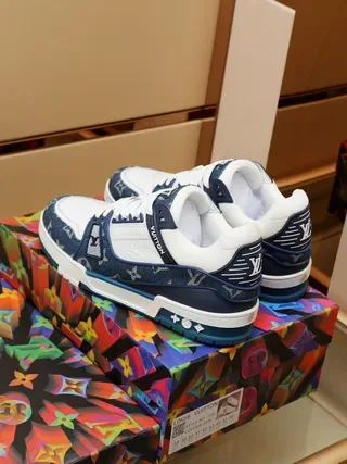 Louis Vuitton LV Trainer Navy White Denim-Textured Monogram Panels Leather Overlays Lifestyle Sneakers 3
