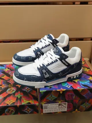 Louis Vuitton LV Trainer Navy White Denim-Textured Monogram Panels Leather Overlays Lifestyle Sneakers 5