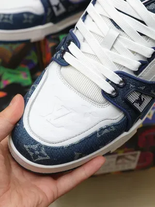 Louis Vuitton LV Trainer Navy White Denim-Textured Monogram Panels Leather Overlays Lifestyle Sneakers 6