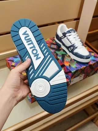 Louis Vuitton LV Trainer Navy White Denim-Textured Monogram Panels Leather Overlays Lifestyle Sneakers 8