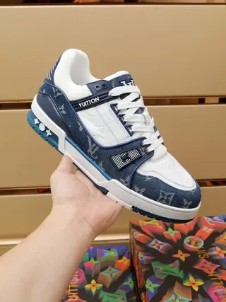 Louis Vuitton LV Trainer Navy White Denim-Textured Monogram Panels Leather Overlays Lifestyle Sneakers 9