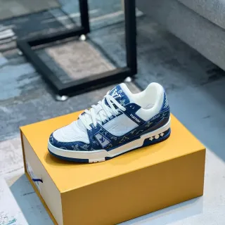 Louis Vuitton LV Trainer Navy White Monogram Jacquard Layered Strap Design Lifestyle Sneakers