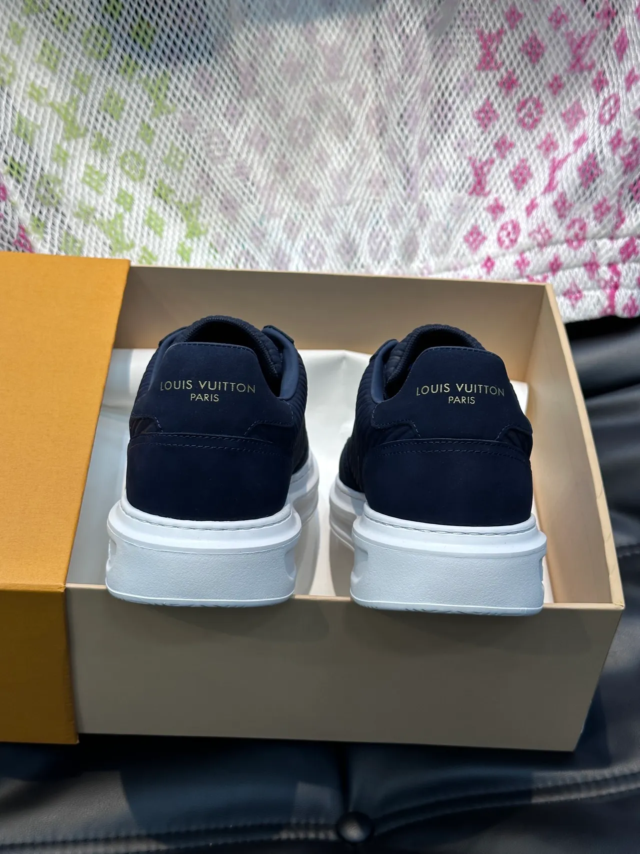Louis Vuitton LV Trainer Navy White Ribbed Texture Upper Gold Monogram Tongue Lifestyle Sneakers 3