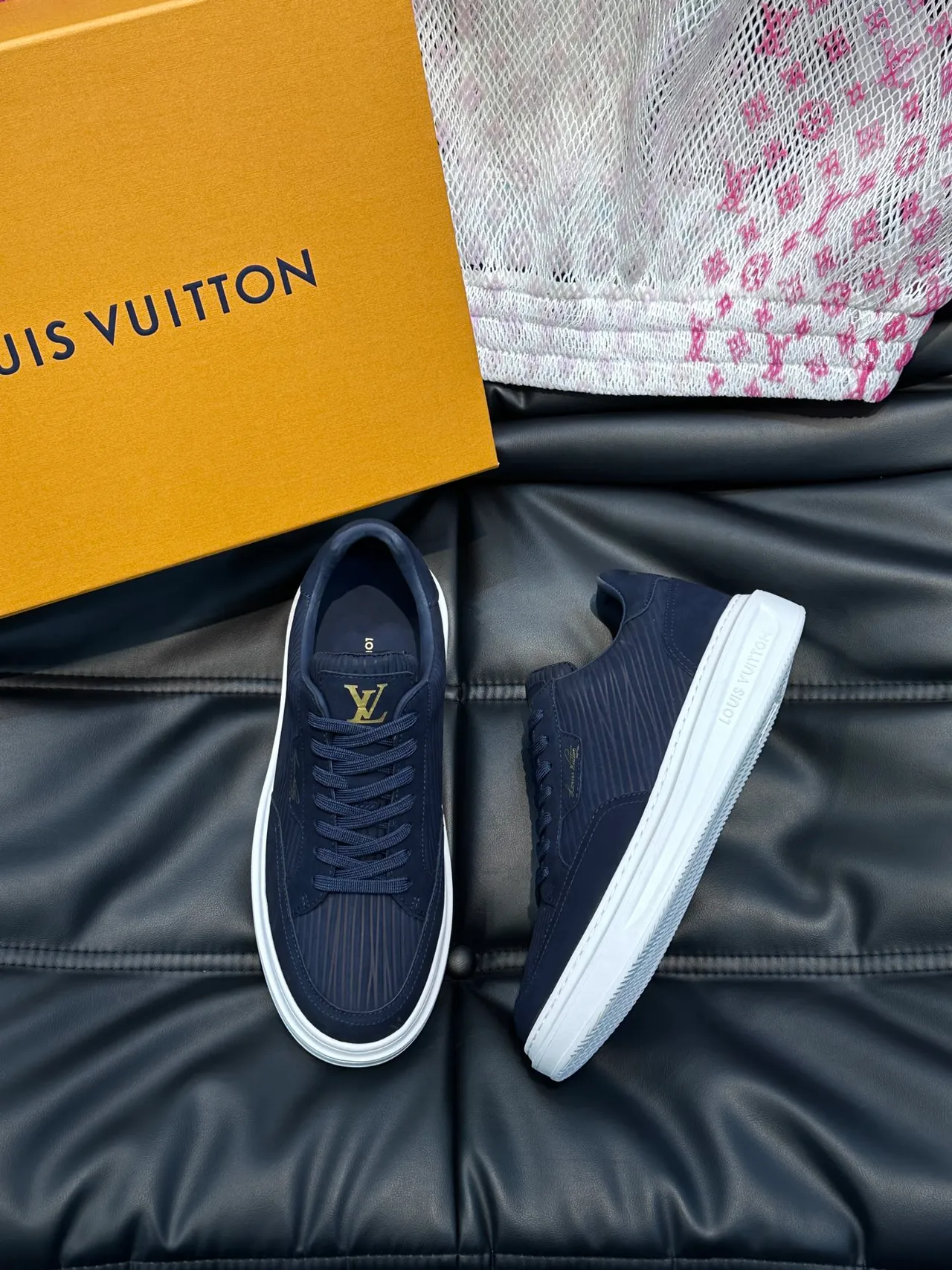 Louis Vuitton LV Trainer Navy White Ribbed Texture Upper Gold Monogram Tongue Lifestyle Sneakers 4