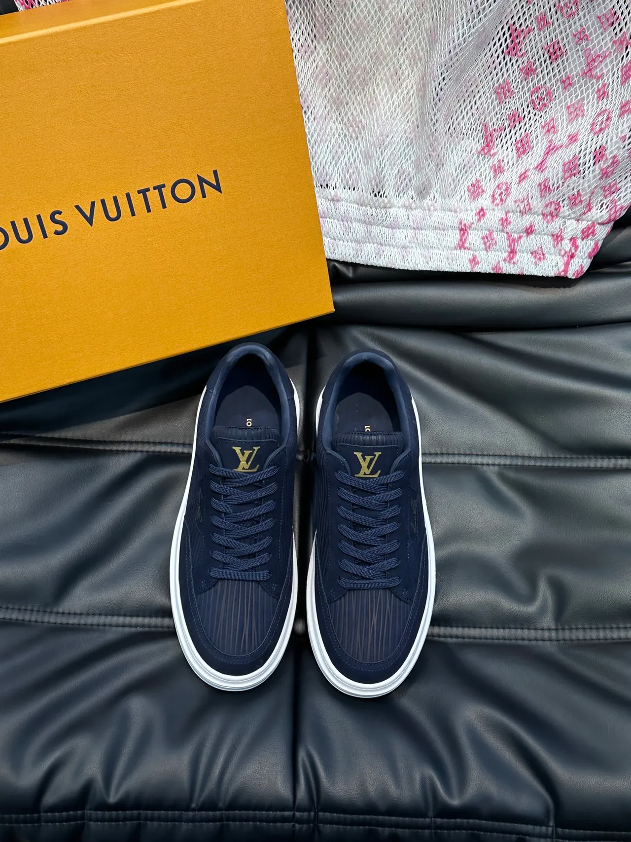 Louis Vuitton LV Trainer Navy White Ribbed Texture Upper Gold Monogram Tongue Lifestyle Sneakers 5