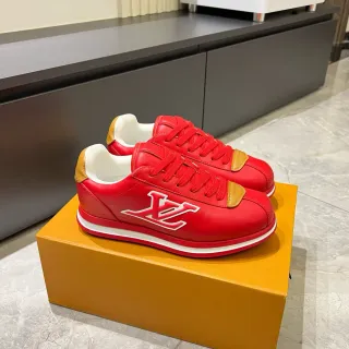 Louis Vuitton LV Trainer Rojo Dorado Monogramado Cuero Superior Zapatillas Lifestyle