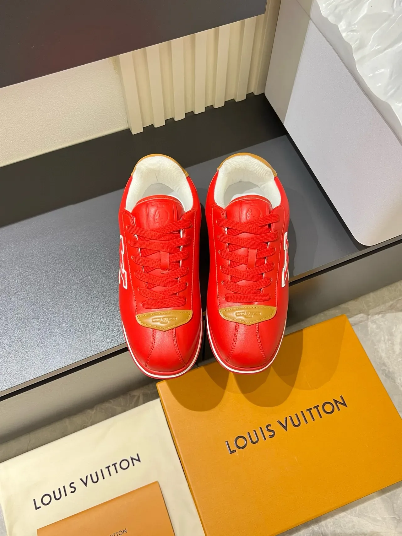 Louis Vuitton LV Trainer Red Gold Monogrammed Leather Upper Lifestyle Sneakers 2