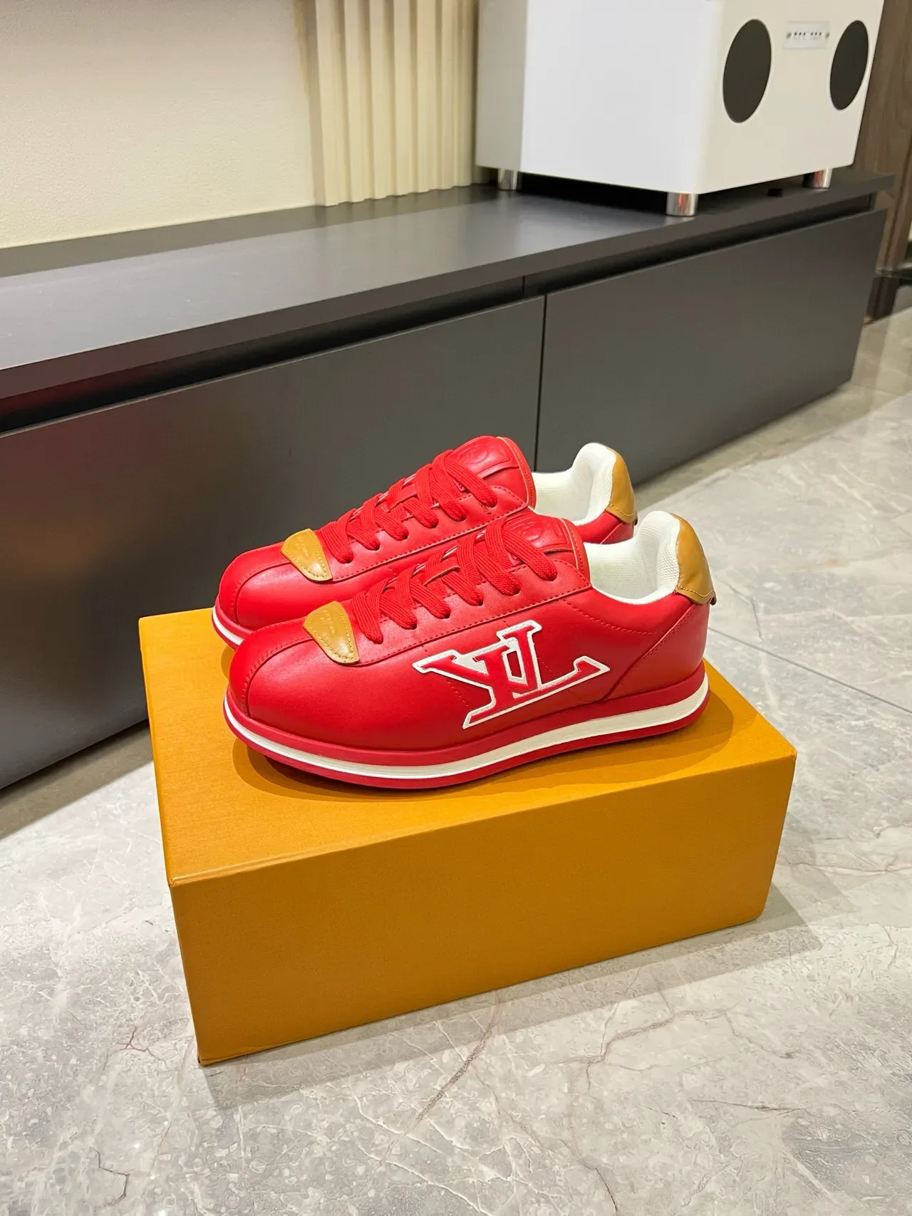 Louis Vuitton LV Trainer Red Gold Monogrammed Leather Upper Lifestyle Sneakers 3