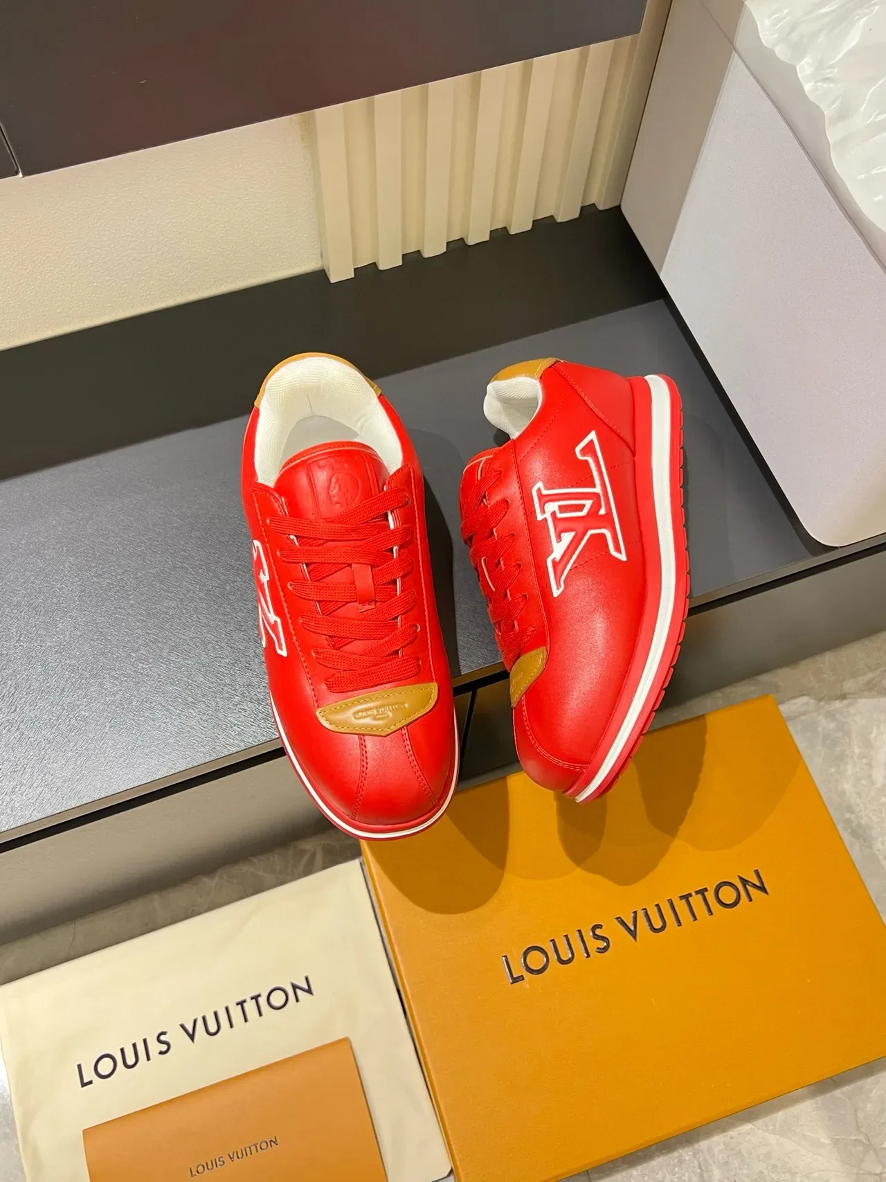 Louis Vuitton LV Trainer Red Gold Monogrammed Leather Upper Lifestyle Sneakers 4