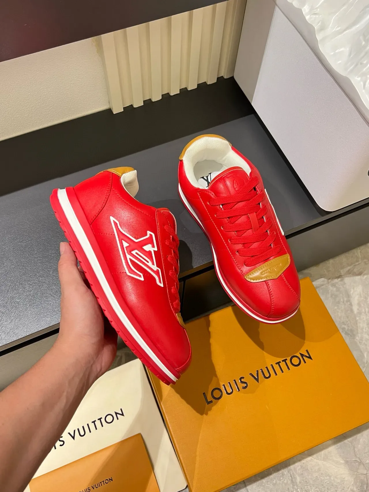 Louis Vuitton LV Trainer Red Gold Monogrammed Leather Upper Lifestyle Sneakers 6