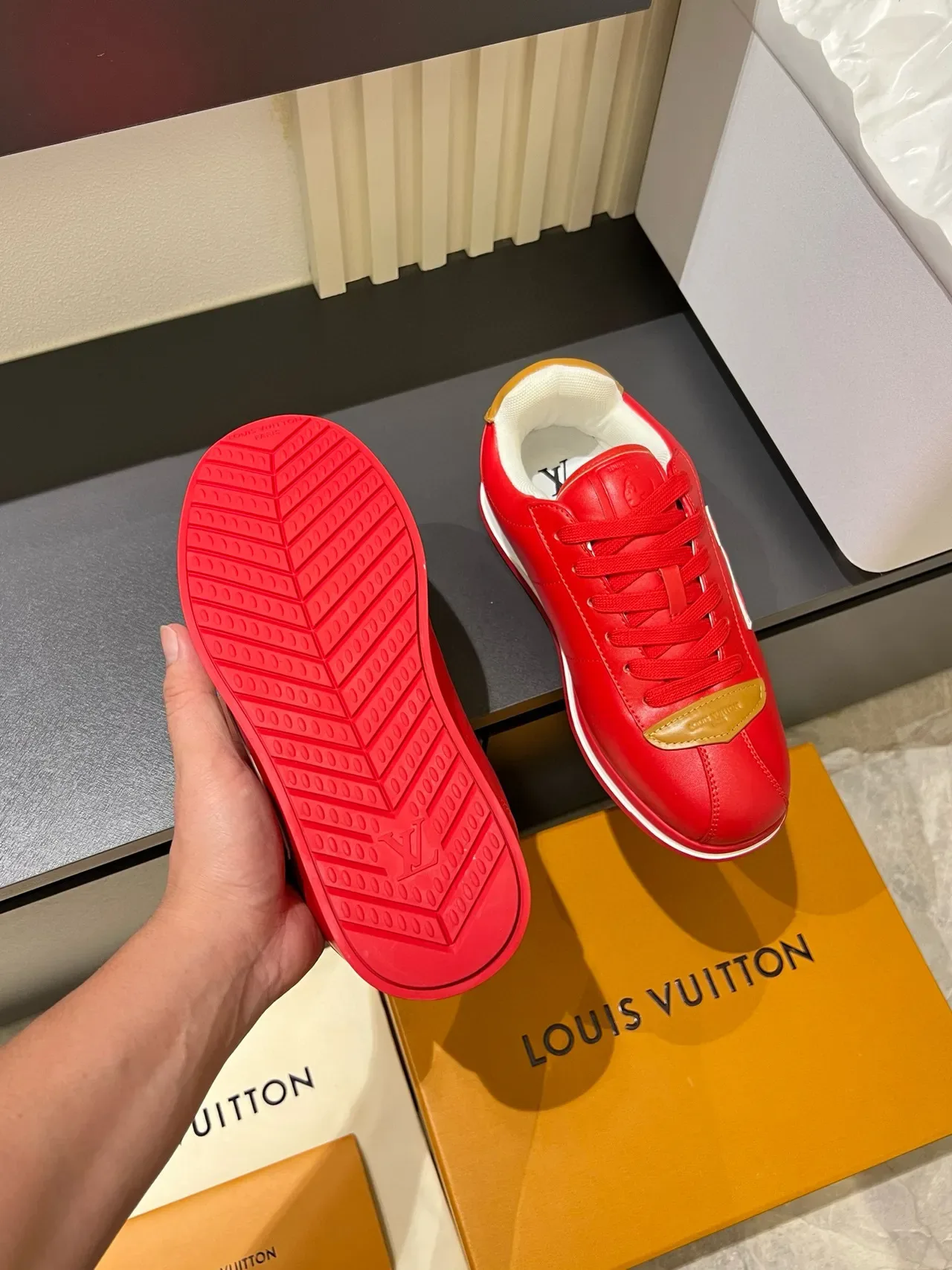 Louis Vuitton LV Trainer Red Gold Monogrammed Leather Upper Lifestyle Sneakers 7