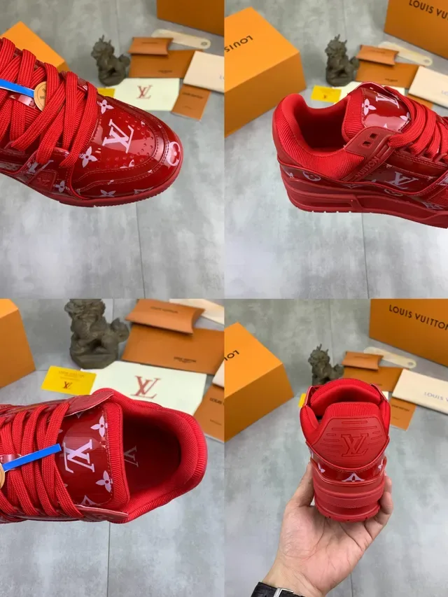 Louis Vuitton LV Trainer Red White Glossy Monogrammed Upper Chunky Sculpted Sole Lifestyle Sneakers 3