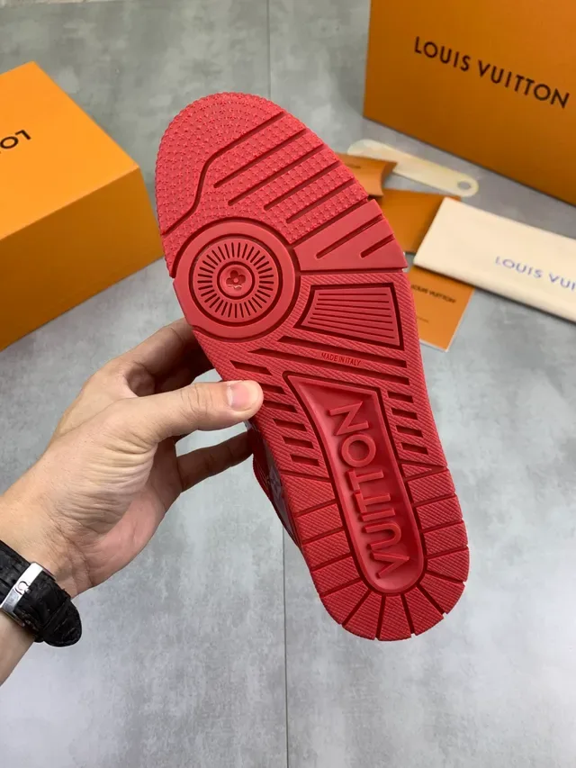 Louis Vuitton LV Trainer Red White Glossy Monogrammed Upper Chunky Sculpted Sole Lifestyle Sneakers 4