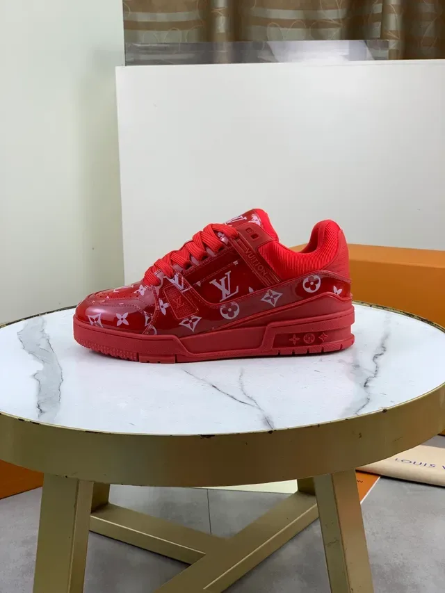Louis Vuitton LV Trainer Red White Glossy Monogrammed Upper Chunky Sculpted Sole Lifestyle Sneakers 6