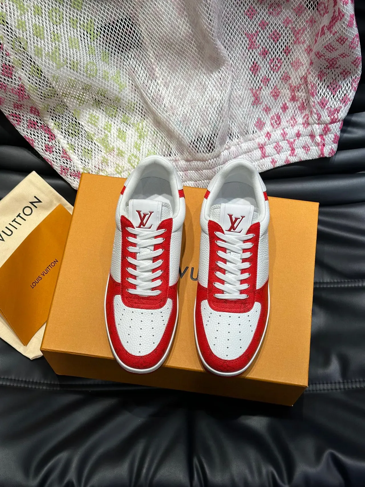 Louis Vuitton LV Trainer Red White Monogram Leather Perforated Toe Lifestyle Sneakers 2
