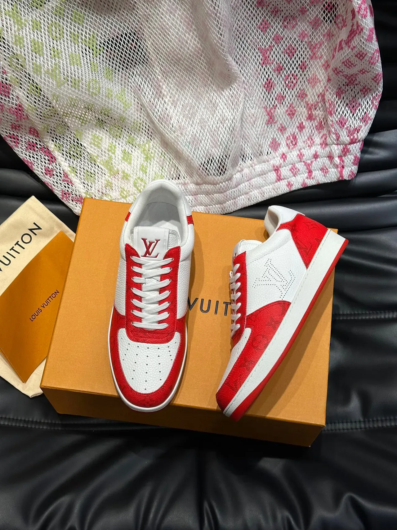 Louis Vuitton LV Trainer Red White Monogram Leather Perforated Toe Lifestyle Sneakers 3