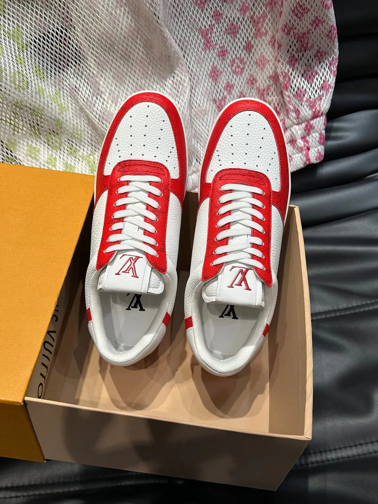 Louis Vuitton LV Trainer Red White Monogram Leather Perforated Toe Lifestyle Sneakers 4