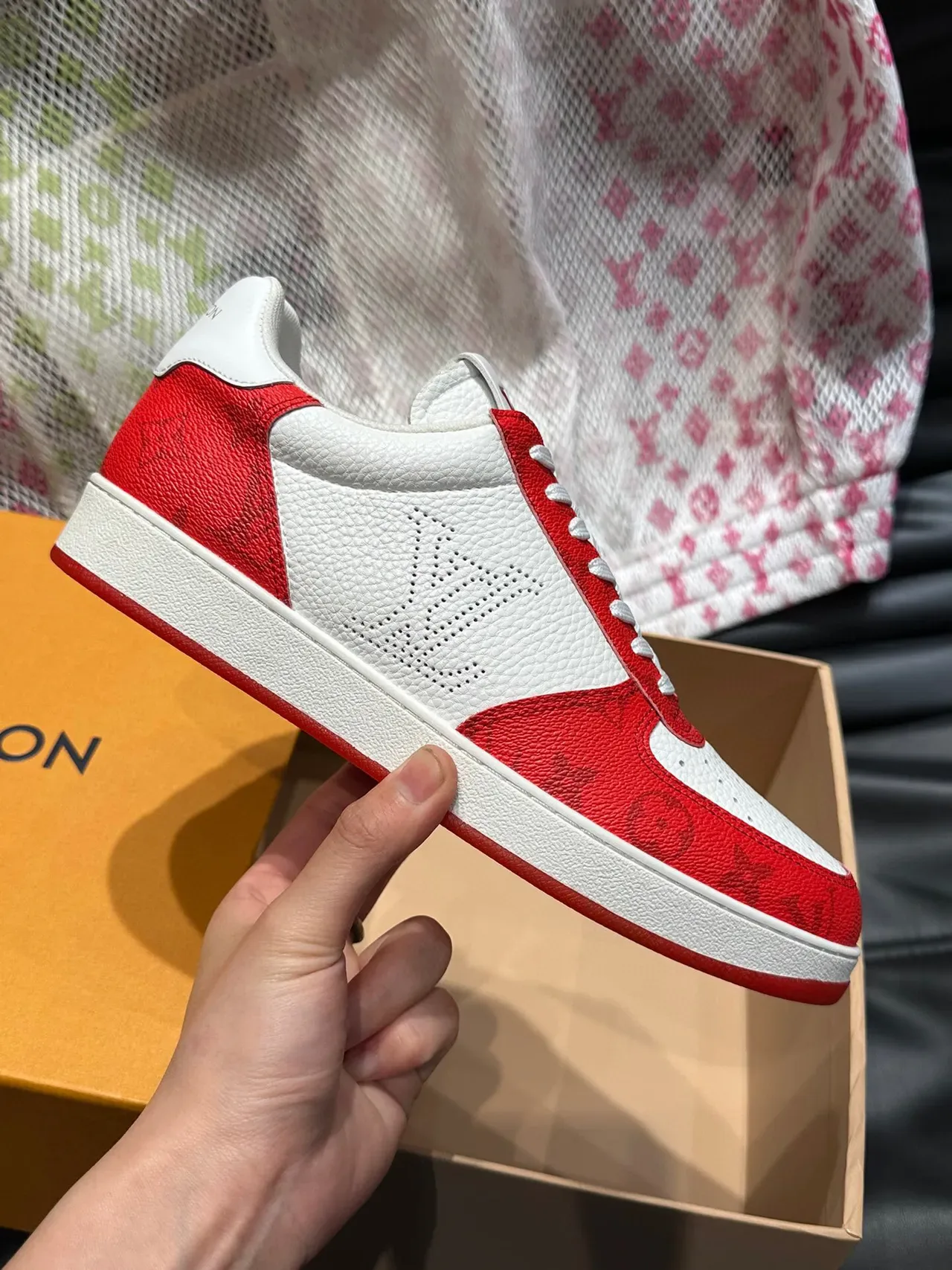 Louis Vuitton LV Trainer Red White Monogram Leather Perforated Toe Lifestyle Sneakers 5