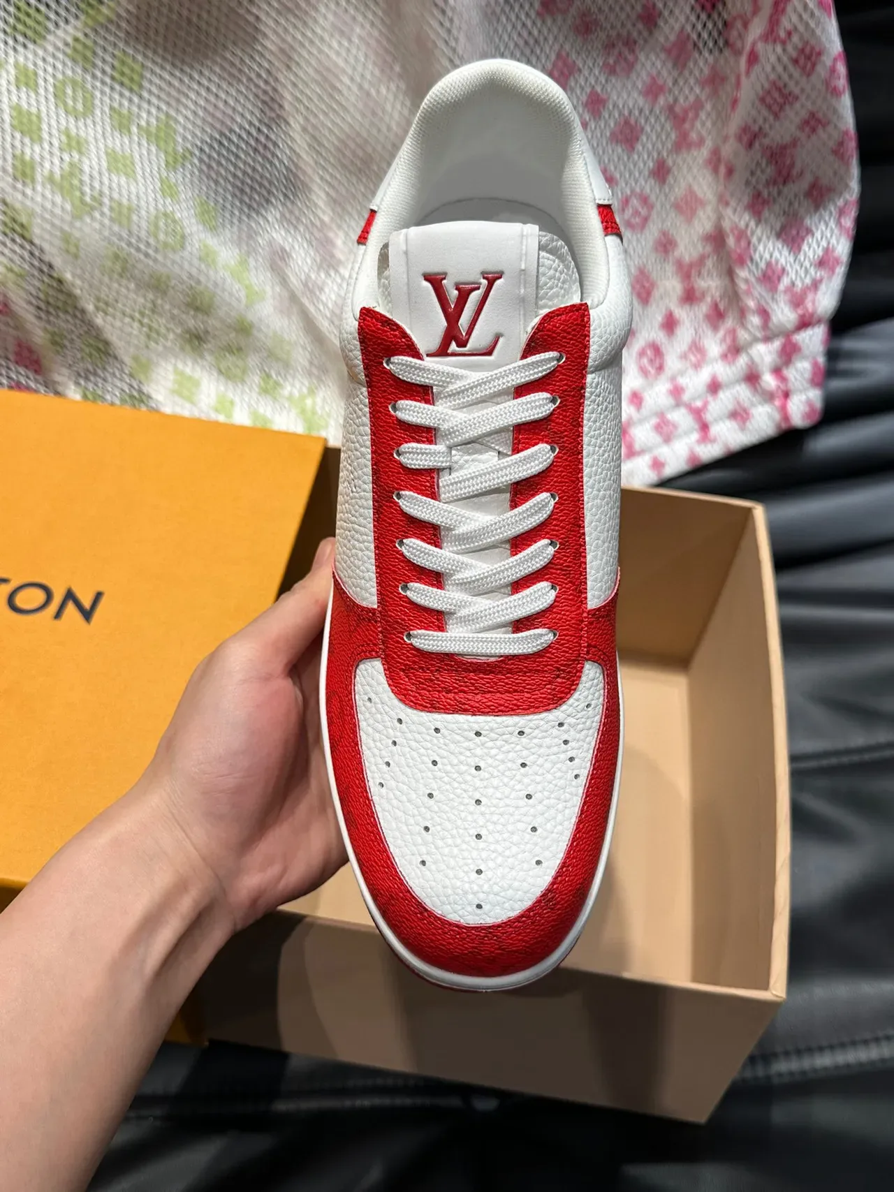 Louis Vuitton LV Trainer Red White Monogram Leather Perforated Toe Lifestyle Sneakers 6