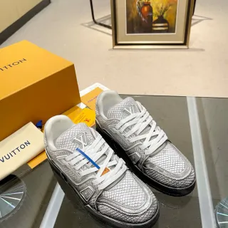 Louis Vuitton LV Trainer Silver White Metallic Scale-Textured Upper Laces Lifestyle Sneakers