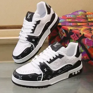Louis Vuitton LV Trainer blanco negro monogramado canvas revestido perforado punta de cuero zapatillas lifestyle