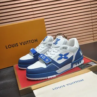 Louis Vuitton LV Trainer Blanco Azul bajo cuero perforado zapatillas lifestyle
