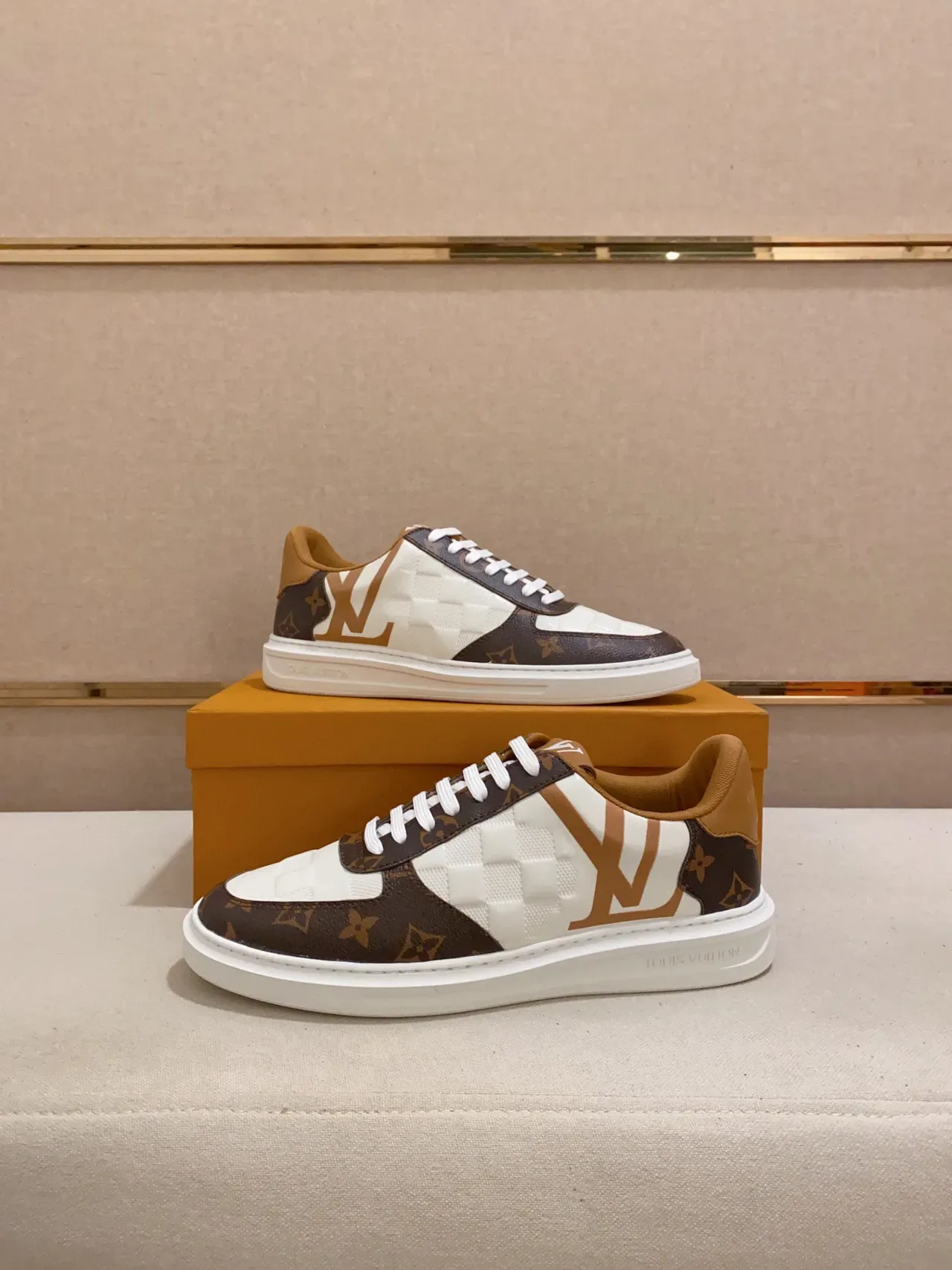 Louis Vuitton LV Trainer White Brown Quilted Toe Cap Monogram Canvas Side Panels Lifestyle Sneakers 4