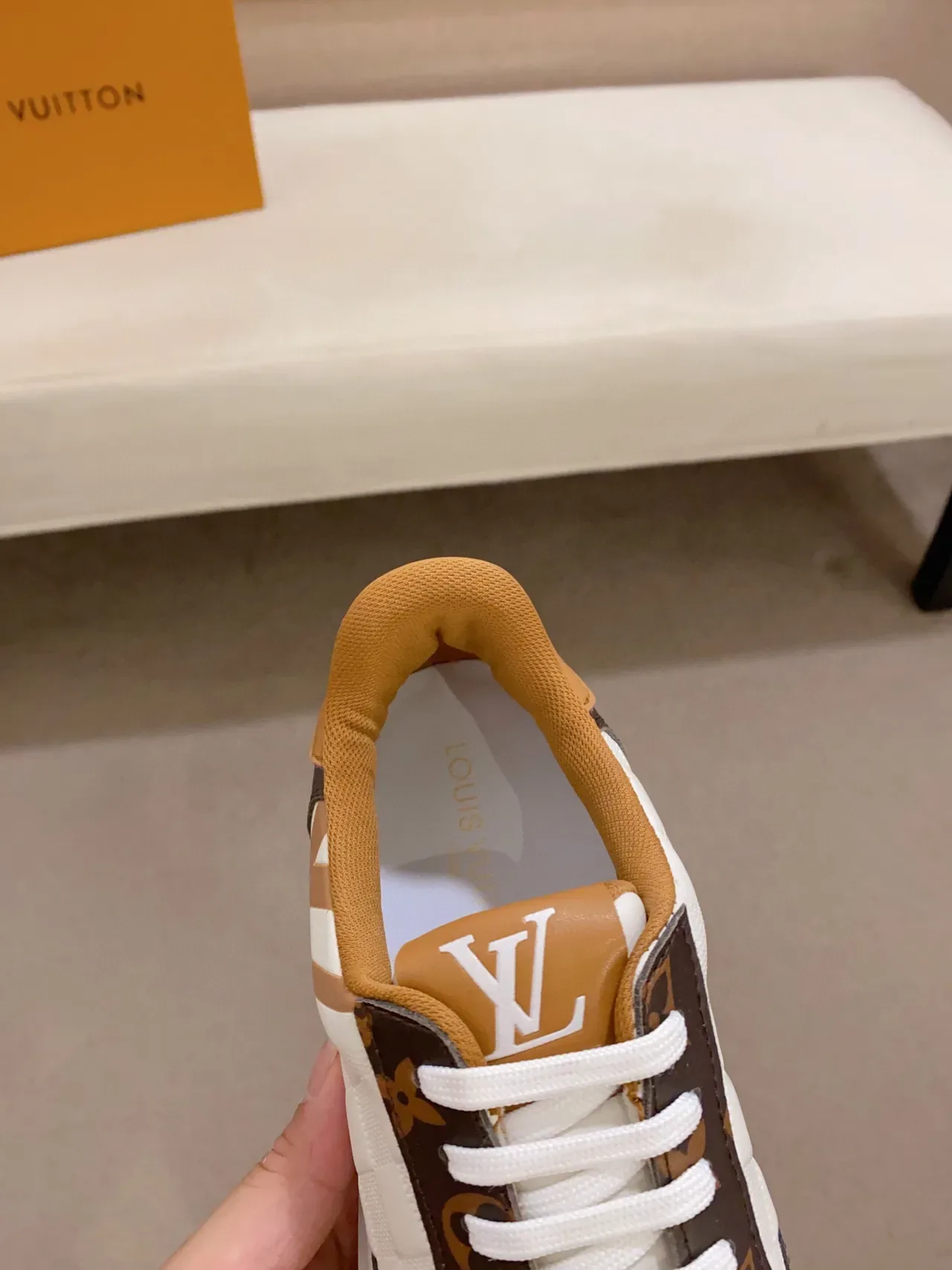 Louis Vuitton LV Trainer White Brown Quilted Toe Cap Monogram Canvas Side Panels Lifestyle Sneakers 5